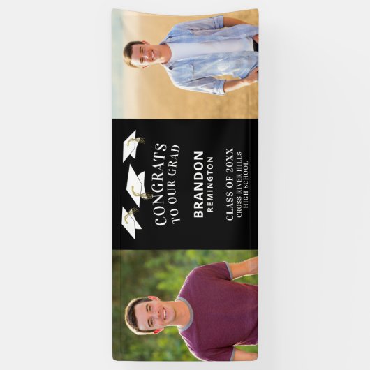 おめでとうモダングラッドキャップ2枚フォトブラック 横断幕 (縦)