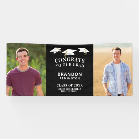 おめでとうモダングラッドキャップ2枚フォトブラック 横断幕 (横)