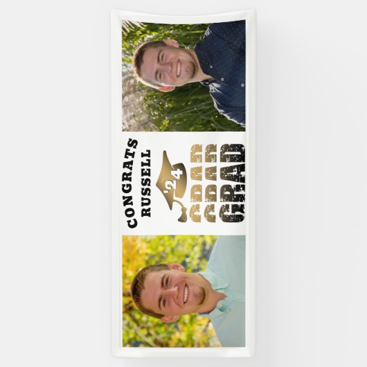 おめでとうモダングラッド名2写真ブラック金ゴールド 横断幕 (縦)