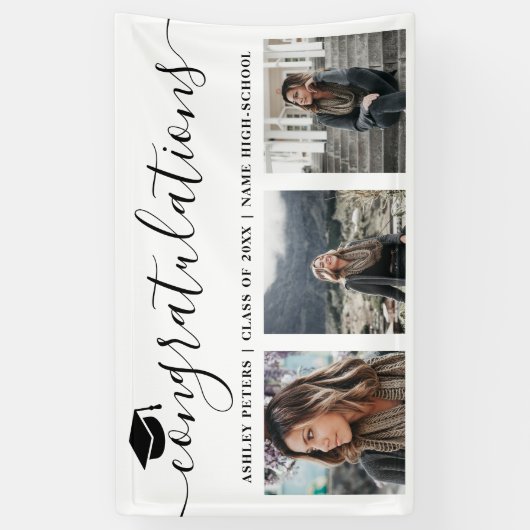 おめでとうモダンスクリプト3枚の白黒 横断幕 (縦)