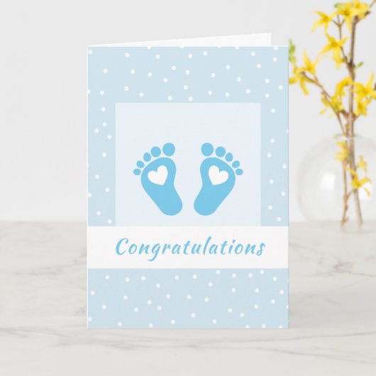 おめでとうモダン男の赤ちゃん足ハートブルー カード (黄色い花)