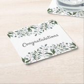 おめでとうユーカリプスグリーンリーフローラ スクエアペーパーコースター (アングル)