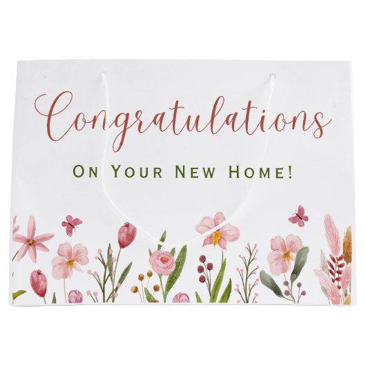 おめでとう不動産エージェント ピンクの花をあなたに ラージペーパーバッグ (正面)