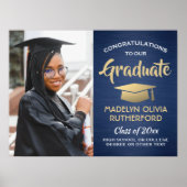 おめでとう写真ブラッシュドネイビーブルー&金ゴールド卒業 ポスター (正面)