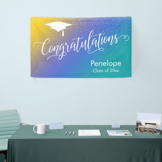 おめでとう卒業イエローブルーティール（緑がかった色） グラデーション 横断幕 (トレードショー)