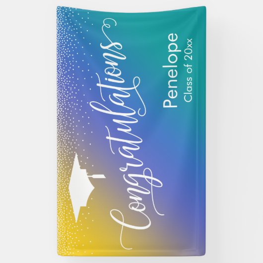 おめでとう卒業イエローブルーティール（緑がかった色） グラデーション 横断幕 (縦)