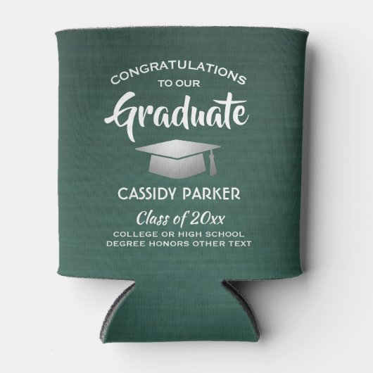 おめでとう卒業パーティーブラシ付きダークグリーンホワイト 缶クーラー (正面)