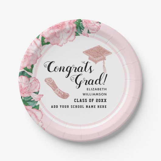 おめでとう卒業ホワイトピンクフローラ卒業 ペーパープレート (正面)