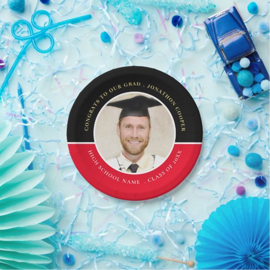 おめでとう卒業名フォト金ゴールドブラックレッド卒業 ペーパープレート (パーティー)