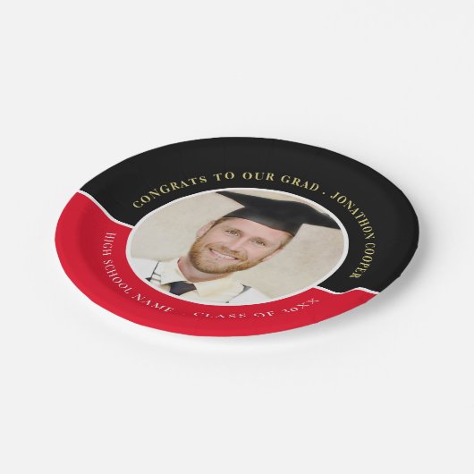 おめでとう卒業名フォト金ゴールドブラックレッド卒業 ペーパープレート (アングル)