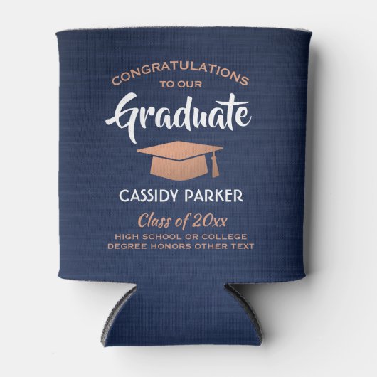 おめでとう卒業式ブラッシュドネイビーブルーホワイトカッパー 缶クーラー (正面)