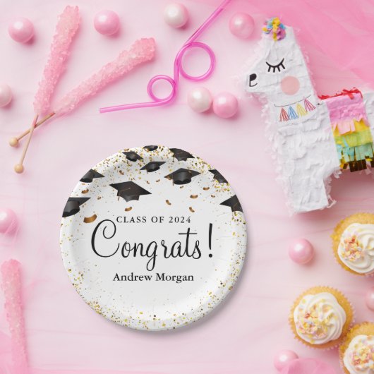 おめでとう卒業金ゴールド紙吹雪の卒業式キャップ ペーパープレート (パーティー)