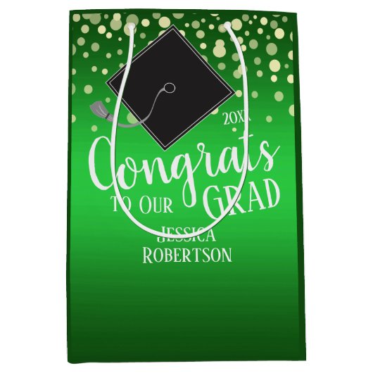 おめでとう卒業2020年グリーン ミディアムペーパーバッグ (正面)
