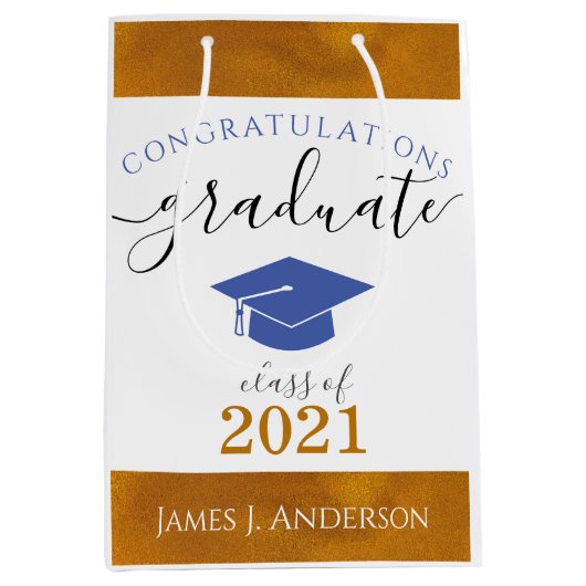 おめでとう大学院のBlue/金ゴールド ミディアムペーパーバッグ (正面)