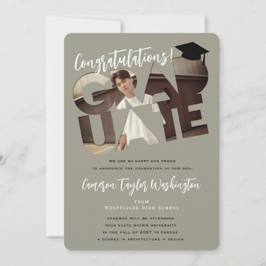 おめでとう大学院グレー切り出し写真卒業 招待状 (正面)