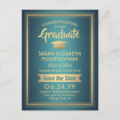 おめでとう大学院ティール（緑がかった色）と金ゴールド日付写真を保存 案内ポストカード (正面)