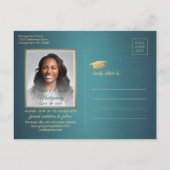 おめでとう大学院ティール（緑がかった色）と金ゴールド日付写真を保存 案内ポストカード (裏面)