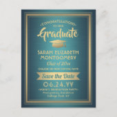 おめでとう大学院ティール(緑がかった色)と金ゴールド日付写真を保存 案内ポストカード (正面)