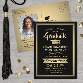 おめでとう大学院ブラック&金ゴールド日付写真を保存 案内ポストカード