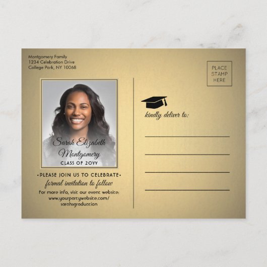 おめでとう大学院ブラック&金ゴールド日付写真を保存 案内ポストカード (裏面)