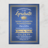 おめでとう大学院ブラッシュドブルー日付写真を保存 案内ポストカード (正面)