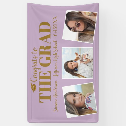 おめでとう大学院写真コラージュ紫の卒業式サイン 横断幕 (縦)