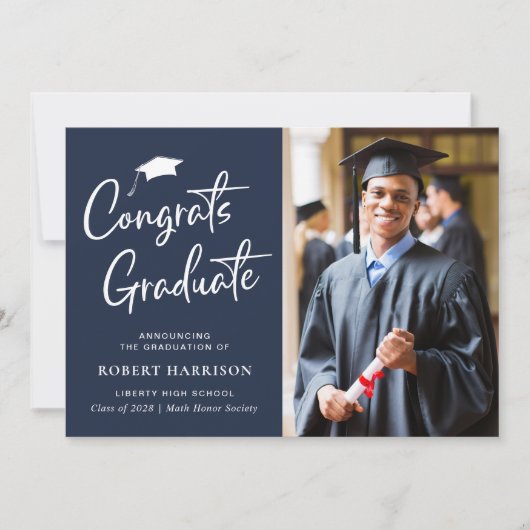 おめでとう大学院写真スクリプトブルー卒業 案内状 (正面)