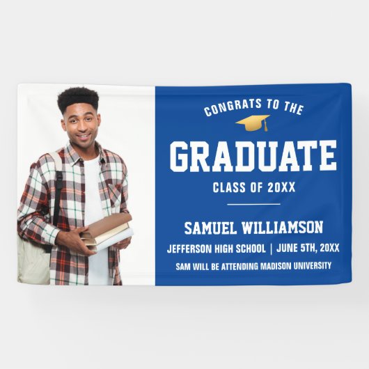 おめでとう大学院写真ブルー金ゴールド卒業パーティー 横断幕 (横)