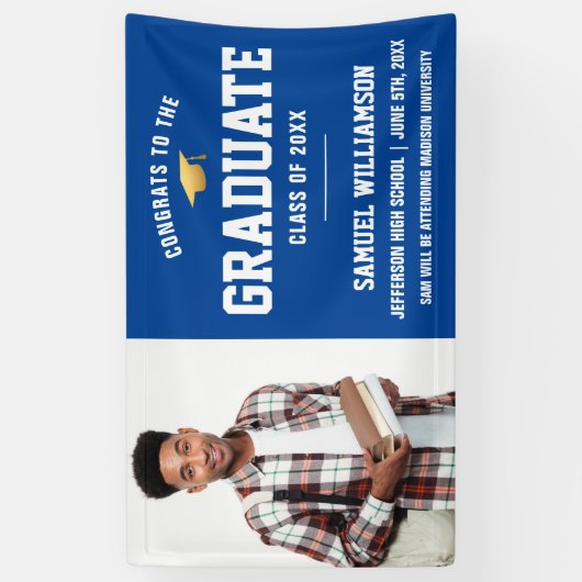 おめでとう大学院写真ブルー金ゴールド卒業パーティー 横断幕 (縦)