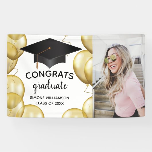 おめでとう大学院写真金ゴールドバルーンカスタム卒業 横断幕 (横)