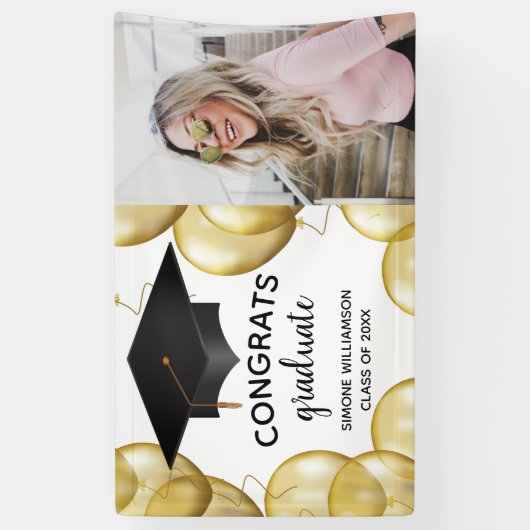 おめでとう大学院写真金ゴールドバルーンカスタム卒業 横断幕 (縦)