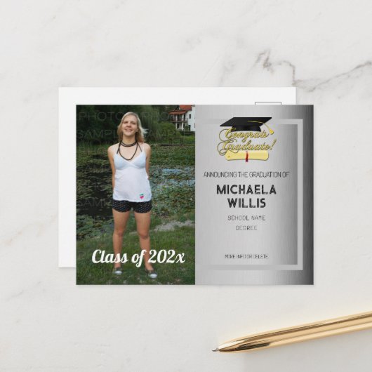 おめでとう大学院卒業学卒業学年会卒業ハットグレー 案内ポストカード (正面/裏面インサイチュ)