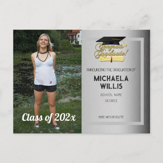 おめでとう大学院卒業学卒業学年会卒業ハットグレー 案内ポストカード (正面)