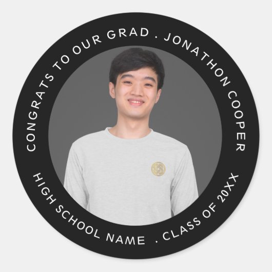 おめでとう大学院名フォトイヤー黒卒業 ラウンドシール (正面)