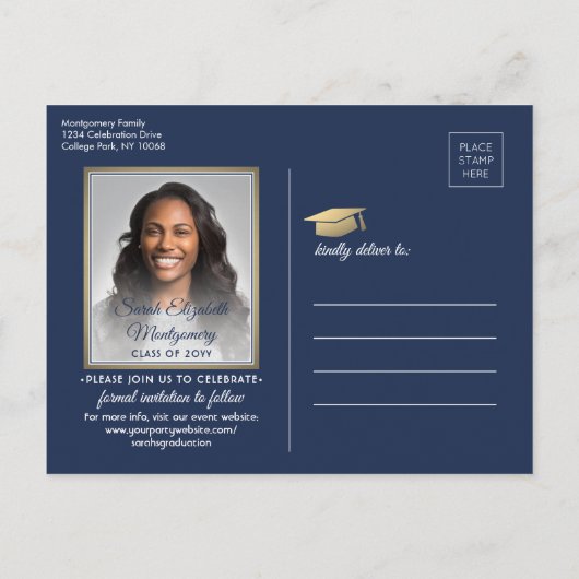 おめでとう大学院海軍と金ゴールド日付写真を保存 案内ポストカード (裏面)