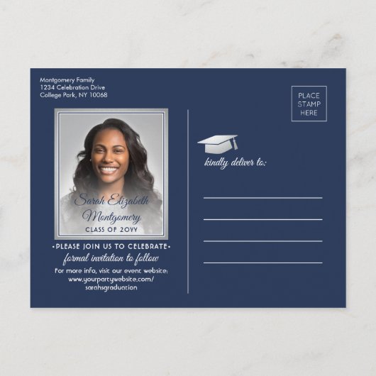 おめでとう大学院海軍ブルー日付写真を保存 案内ポストカード (裏面)