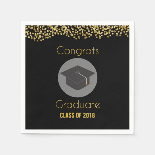 おめでとう大学院生とフェイク金ゴールドグリッターとグラッドキャップ スタンダードカクテルナプキン (正面)