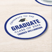 おめでとう大学院生キャップクラス20XX青はっきりした色カスタム ラウンドペーパーコースター (アングル)