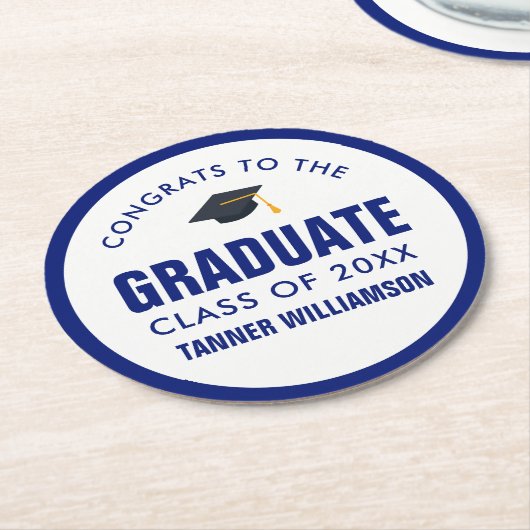 おめでとう大学院生キャップクラス20XX青はっきりした色カスタム ラウンドペーパーコースター (アングル)
