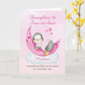 おめでとう娘A新生児ガールペンギン カード (黄色い花)