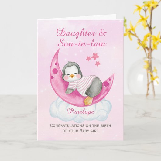 おめでとう娘A新生児ガールペンギン カード (黄色い花)