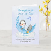 おめでとう娘A新生児ボーイペンギン カード (黄色い花)