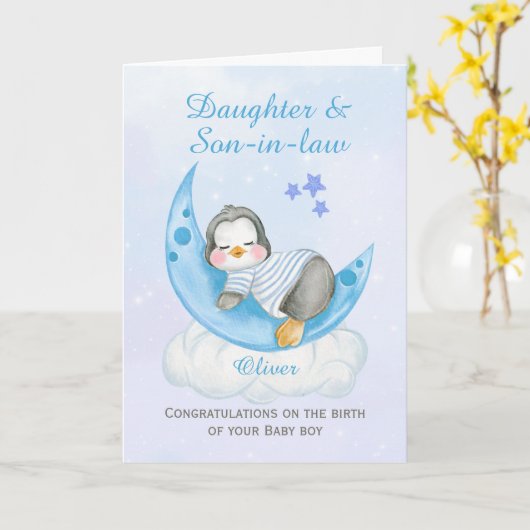 おめでとう娘A新生児ボーイペンギン カード (黄色い花)