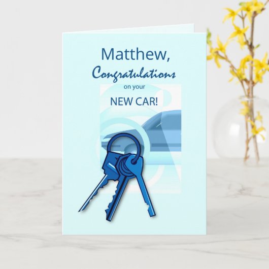 おめでとう新しい車の青カスタマイズ名鍵 カード (黄色い花)