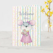 おめでとう新生児おもしろいかわいいマウス赤ちゃん動物 カード (黄色い花)