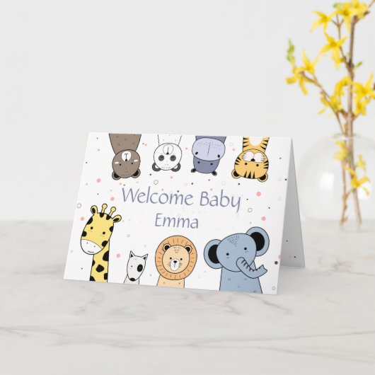 おめでとう新生児おもしろい動物アニメ  カード (黄色い花)