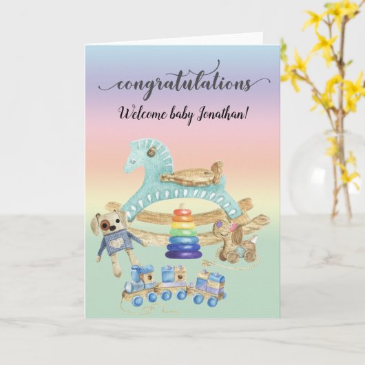 おめでとう新生児おもちゃシャワーパーソナライズされた カード (黄色い花)