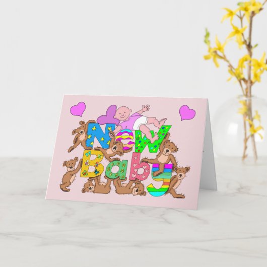 おめでとう新生児ガールウィズテディベアーズカー カード (黄色い花)