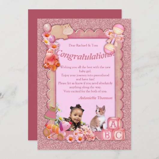 おめでとう新生児ガールカード サンキューカード (正面/裏面)