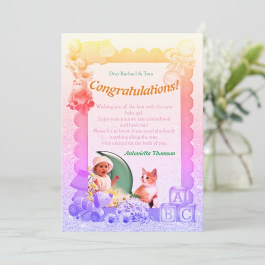 おめでとう新生児ガールカード サンキューカード (スタンド正面)